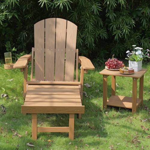 Lounge chair teak wood color, suitable for all seasons: Outdoor lounge chair, made of sturdy HIPS material, equipped with 304 stainless steel accessories.