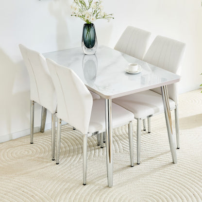5-Piece Marble Glass Dining Set, Double-Layer Table & 4 White PU Shell Pattern Chairs