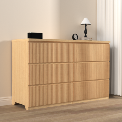 6 Drawer Storage Cabinet ,Dresser, Wood Storage Tower Clothes Organizer with Wavy drawer panel, Wide Chest of 6 Drawers, Large Storage Space for Bedroom, Hallway, Entryway Living Room Natural