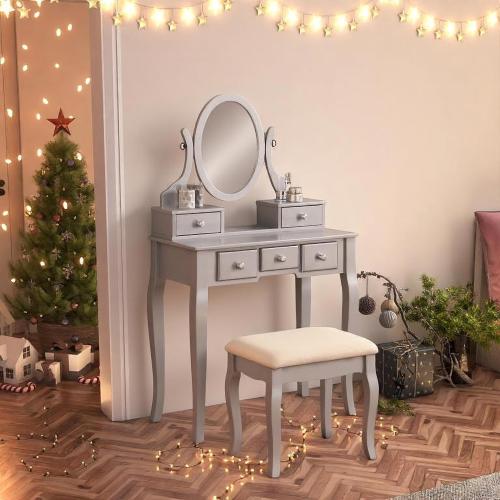 Silver Wood Makeup Vanity Table and Stool Set, 5 Lined Drawers, Adjustable Mirror, 32 inch W