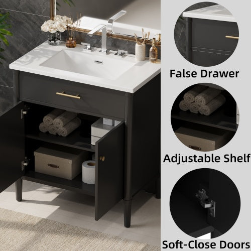 31" Bathroom Vanity with Sink, Bathroom Cabinet with Soft Close Doors and Adjustable Shelf, Curved Profile Design, Rubber Wood Legs, Black