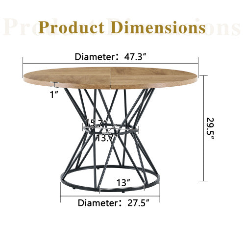 47.3 Inch Light Wood Grain Round Dining Table with Hourglass Metal Bracket for 4-6 People