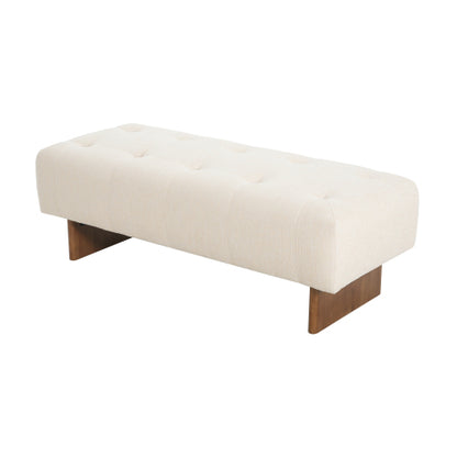 Beige Tufted Rectangular Linen Ottoman Bench, Upholstered Fabric Foot Stool with Rubber Wood Legs for Entryway & Bedroom