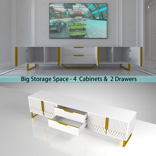 White Carved Pattern TV Stand with Metal Support Legs Large Storage Entertainment Center for Bedroom Living Room