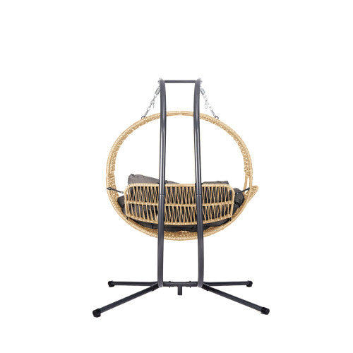 Double Hanging Egg Chair with Stand for Outdoor, Oversized 2 Person Wicker Rattan Swing Chair w/Convertible Armrest for Reclining Seat, All-Weather Cushion and Heavy Duty Frame, 700Lbs Cap. yellow