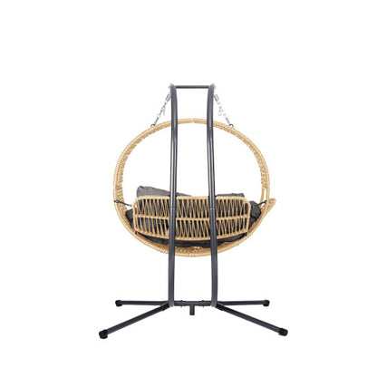 Double Hanging Egg Chair with Stand for Outdoor, Oversized 2 Person Wicker Rattan Swing Chair w/Convertible Armrest for Reclining Seat, All-Weather Cushion and Heavy Duty Frame, 700Lbs Cap. yellow