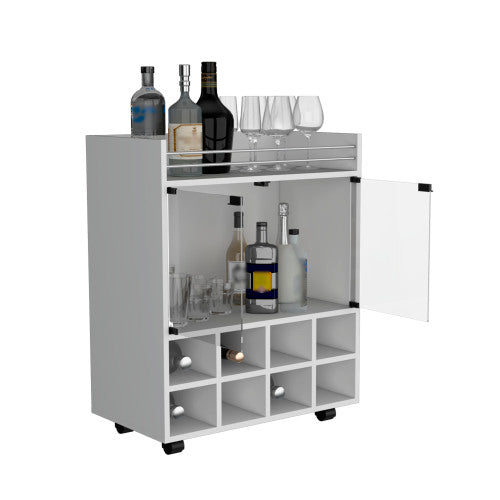 Bar Cart with Built-In 8-Bottle Rack, Double Glass Door Cabinet, and Aluminum-Edged Top Surface