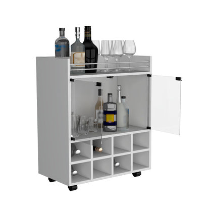 Bar Cart with Built-In 8-Bottle Rack, Double Glass Door Cabinet, and Aluminum-Edged Top Surface