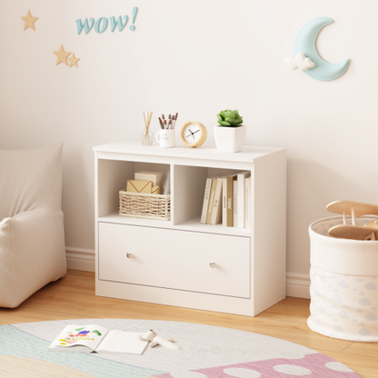 White Kids Storage Cabinet 2 Open Shelves With Full-Width Drawer Anti-Tip Design For Playroom Nursery