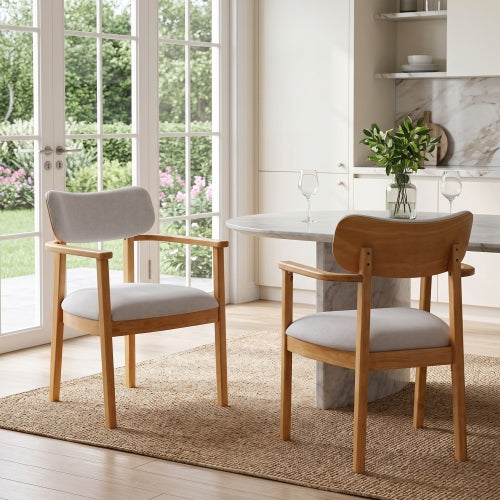 Upholstered Dining Chair Set of 2, Natural Rubberwood Frame, Beige Fabric