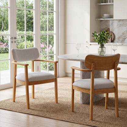 Upholstered Dining Chair Set of 2, Natural Rubberwood Frame, Beige Fabric