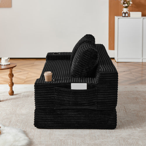 70.8-inch corduroy two-in-one sofa bed, featuring a lounge chair with two throw pillows, built-in cup holders in the armrests, and side storage pockets-ideal for living rooms, bedrooms, and relaxation