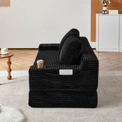 70.8-inch corduroy two-in-one sofa bed, featuring a lounge chair with two throw pillows, built-in cup holders in the armrests, and side storage pockets-ideal for living rooms, bedrooms, and relaxation