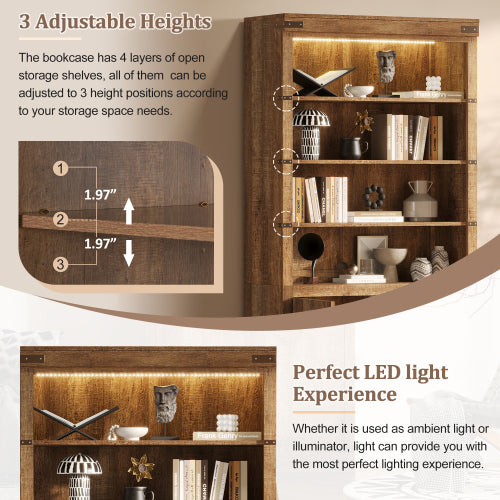 83.4 Inch Tall Walnut Farmhouse Bookshelf with LED Light & Adjustable Shelves Closed Storage Cabinet
