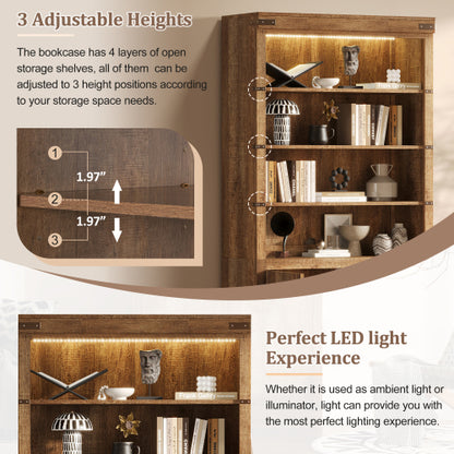 83.4 Inch Tall Walnut Farmhouse Bookshelf with LED Light & Adjustable Shelves Closed Storage Cabinet