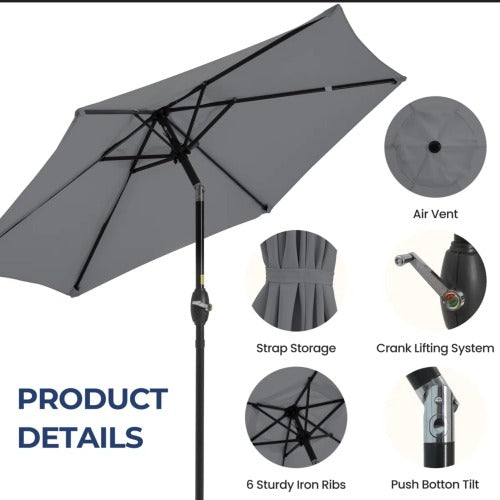 7.5 Feet Gray Market Umbrella with Crank Lift & Tilt. UV-Resistant Canopy for Pool, Backyard & Patio (Without base)