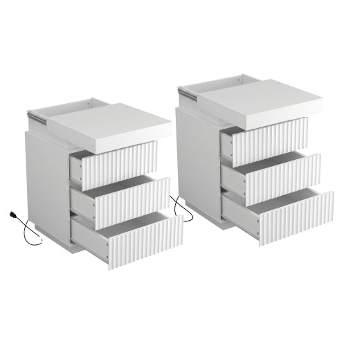 2 Pack White Nightstand, Sliding Top Charging Station & RGB LED Wave Panel Drawers