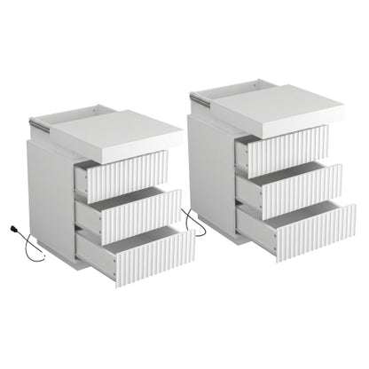 2 Pack White Nightstand, Sliding Top Charging Station & RGB LED Wave Panel Drawers