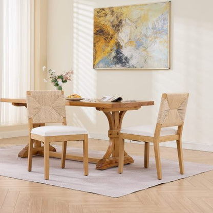 Cane Back Wood Dining Chairs with Linen Cushions, Set of 2, Beige