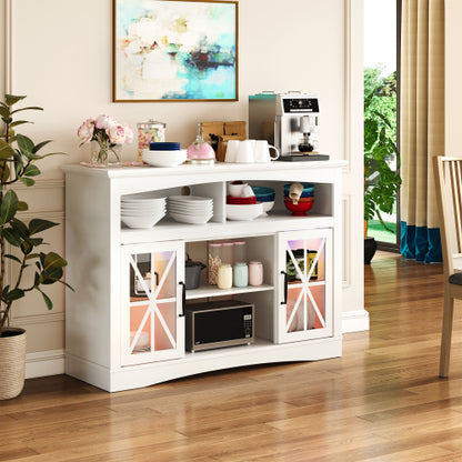 47 Inch White Farmhouse Retro TV Console with Glass Doors, LED Lights & UL Certified Fireplace Space