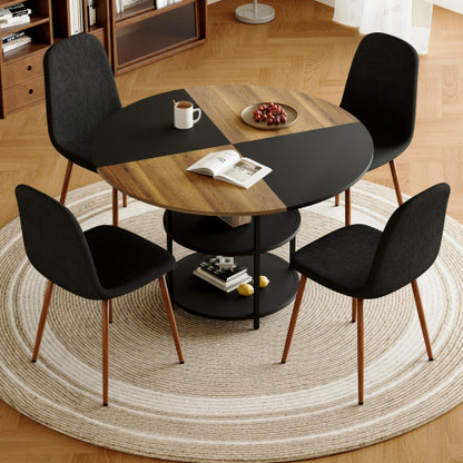5-Piece Double Storage Round Dining Set, MDF Table & 4 Black Linen-Cotton Chairs