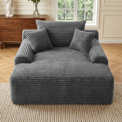 Grey Convertible Striped-Corduroy Boneless Chaise Lounge Sleeper Sofa-Bed Wide Armrest & Throw Pillows No-Assembly