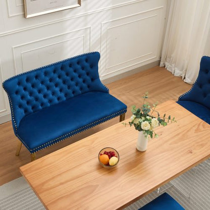 Velvet Double Dining Loveseat Bench, Kitchen & Dining Seating, 2-Seat Tufted Bench w/Handmade Buttons, Wing Back, Gold-Plated Steel Legs, Mid Century Modern,Single Pack,Blue