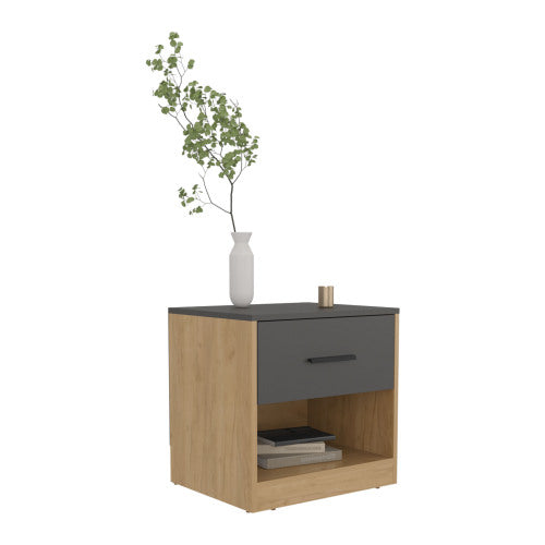 Natural Oak & Matt Gray Nightstand with Cabinet & Shelf