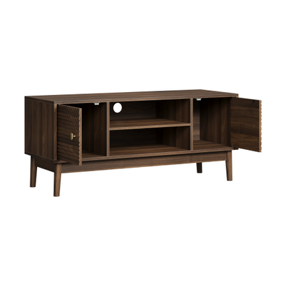 43.31 Inch Walnut Mid-Century Grille Door TV Stand Solid Wood Leg Media Console for 45 Inch TV