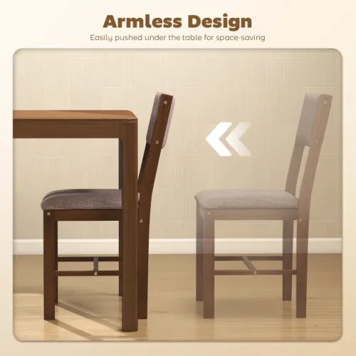 Set of 4 Light Brown Rubberwood Dining Chairs, Linen Fabric Upholstered Kitchen Chairs with H-Support