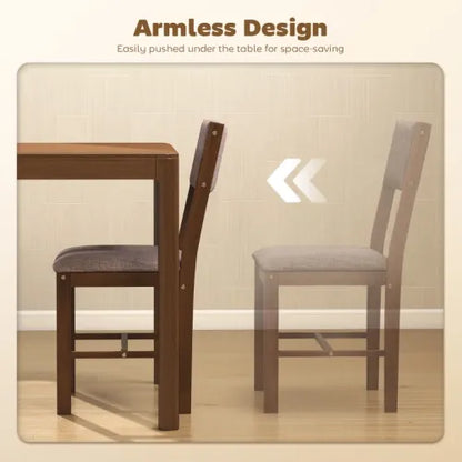 Set of 4 Light Brown Rubberwood Dining Chairs, Linen Fabric Upholstered Kitchen Chairs with H-Support