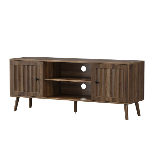 55 Inch Walnut Vertical Fluted Door Mid-Century TV Stand Adjustable Shelf Media Console Cabinet