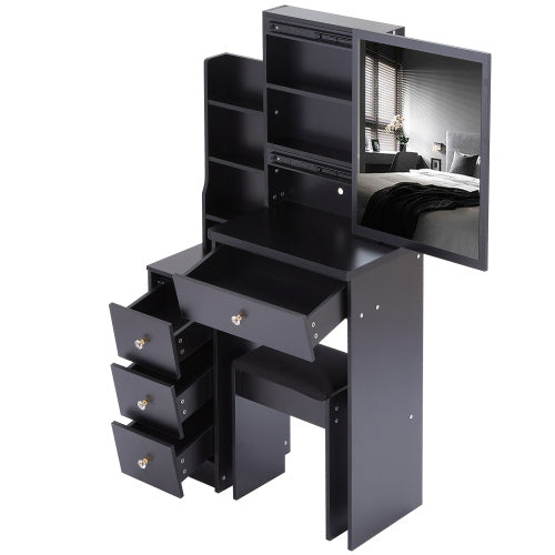 White 29.2 inch  Small Space Left Bedside Cabinet Vanity Table + Cushioned Stool, Extra Large Right Sliding Mirror