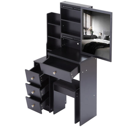 White 29.2 inch  Small Space Left Bedside Cabinet Vanity Table + Cushioned Stool, Extra Large Right Sliding Mirror