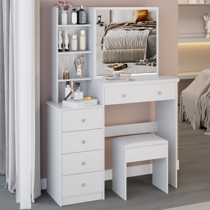 37inch  Middle Size Left Bedside Cabinet Vanity Table + Cushioned Stool, Extra Large Right sliding mirror, Multi Layer High Capacity Storage, Practical Fashionable Dresser, Suitable For Large Space