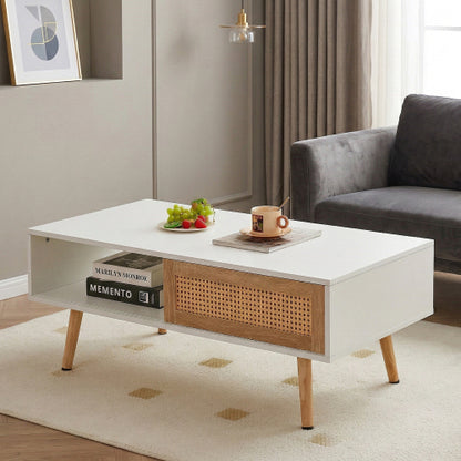 Rattan Coffee Table Sliding Door Storage Wood Leg White Modern Living Room Table
