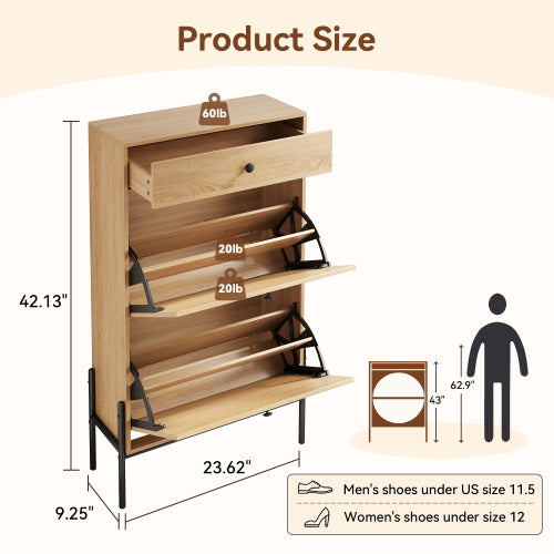 2-Door Shoe Storage Cabinet with Rattan Fronts & Drawer / Freestanding Entryway Organizer with Adjustable Shelf, WOOD