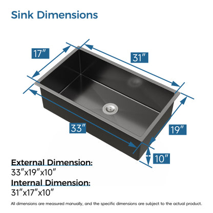 Stainless Steel Kitchen Sink, 33″x19″ Single Bowl, Undermount Handmade Sink in Black, with US Standard Drain and Hook