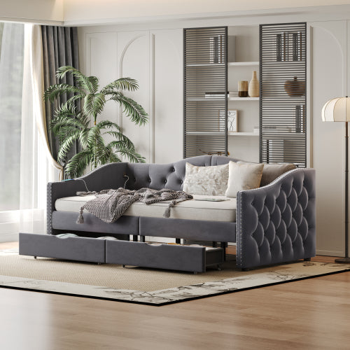 Upholstered Daybed with Storage Drawers, Wood Daybed Twin Size, with USB ports & 2 storage drawers, No Box Spring Needed, Grey
