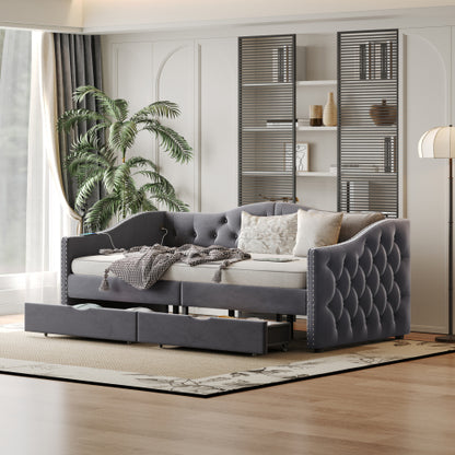 Upholstered Daybed with Storage Drawers, Wood Daybed Twin Size, with USB ports & 2 storage drawers, No Box Spring Needed, Grey