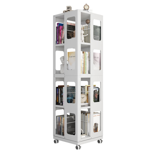 4-Tier Steel Rotating Bookshelf with Wheels White