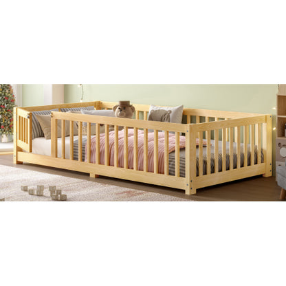 Twin Size Bed Floor Bed with Safety Guardrails and Door for Kids, Natural