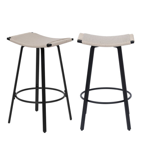 Counter Height Bar Stools Backless Handwoven Kitchen Dining Chairs with Round Footrest Set of 2 PVC Weaving Pub Stool for Indoor & Outdoor (Black & Creamy White)