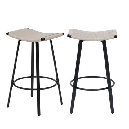 Counter Height Bar Stools Backless Handwoven Kitchen Dining Chairs with Round Footrest Set of 2 PVC Weaving Pub Stool for Indoor & Outdoor (Black & Creamy White)