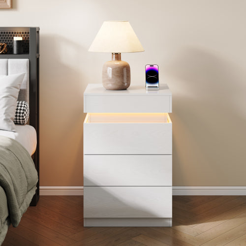 White Sliding-Top Nightstand with Charging Station & RGB LED Light, 3-Drawer APP Control Bedside Table