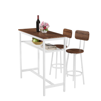 3-Piece Wood Top Bar Set, White Steel Frame Table & 2 Stools with Rack