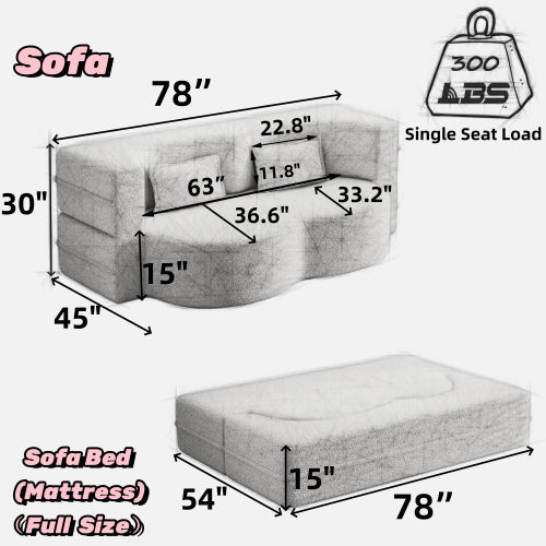 Beige White FullSize PlushCorduroy Convertible Floor SofaBed,2 Pillows
