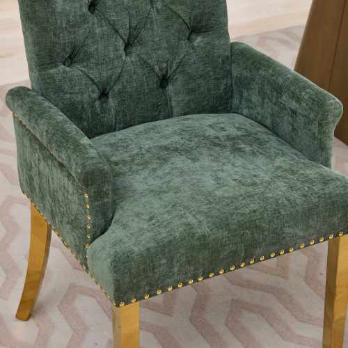 Tufted Chenille Dining Armchair with Nailhead Trim and Steel Legs, Olive Green