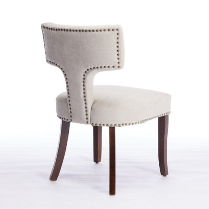 Curved Back Linen Upholstered Wood Dining Chairs, Set of 2, Beige