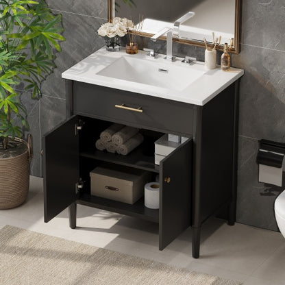 31" Bathroom Vanity with Sink, Bathroom Cabinet with Soft Close Doors and Adjustable Shelf, Curved Profile Design, Rubber Wood Legs, Black